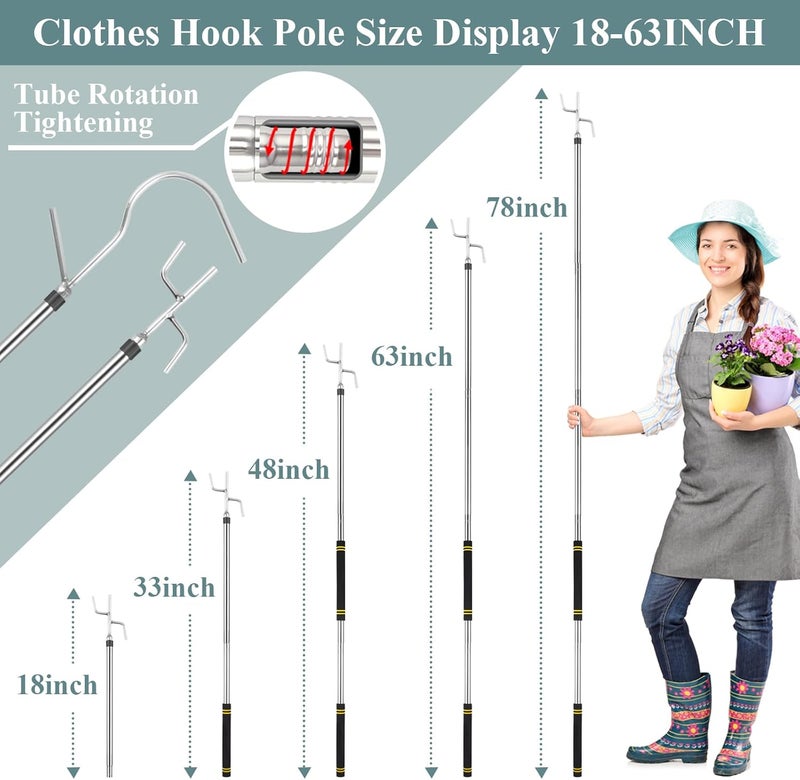 Frebuta Clothes Hook Pole Heavy Duty,32 to 80Inch High Reach Garment Hook for Hanging Birdfeeder Stainless Steels Tube Extension Pole to Reach High Hangers Sturdy and Durable (Silver Tube) - Image 2